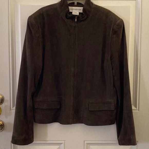 Jones New York Suede Zip Jacket/100% Leather/Dark Olive Green/Size 14/WORN ONCE! - Picture 1 of 4